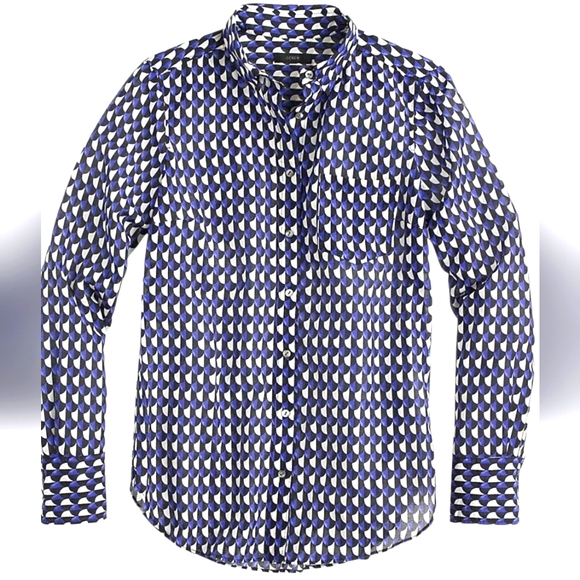 J Crew Womens Button Down Boy Shirt Jet Set Geo‎ Blue Black Silk Cotton Mod 12 - Picture 1 of 10